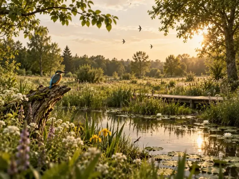 Milieulinks toont biodiversiteit met bloemen, water, vogels en een gezonde natuurlijke leefomgeving.