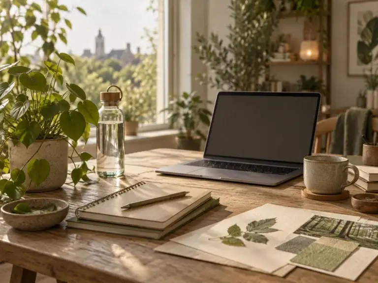 Over ons van Milieulinks laat een rustige werkplek zien met groene inspiratie, duurzaamheid en milieubewuste informatie.